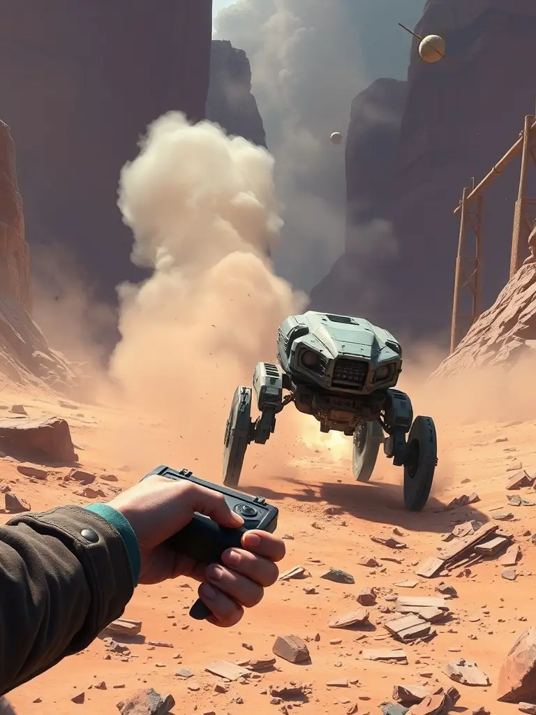 A trainee using a remote control to guide a quadruped robot through a simulated search-and-rescue scenario.