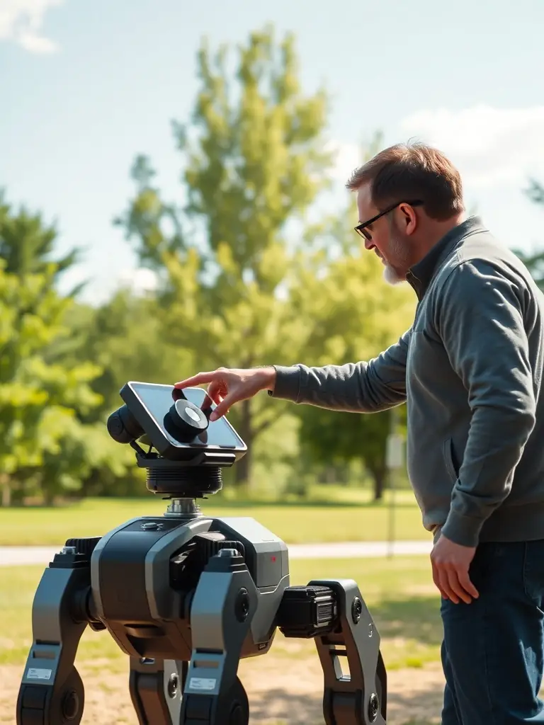 An instructor demonstrating the control interface of a quadruped robot to a trainee in an outdoor environment.