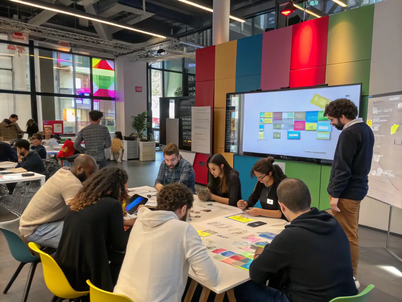 A group of trainees learning to program a humanoid robot in a modern, well-equipped training facility. The instructor is demonstrating a specific task on a tablet, while the trainees follow along on their own robots.