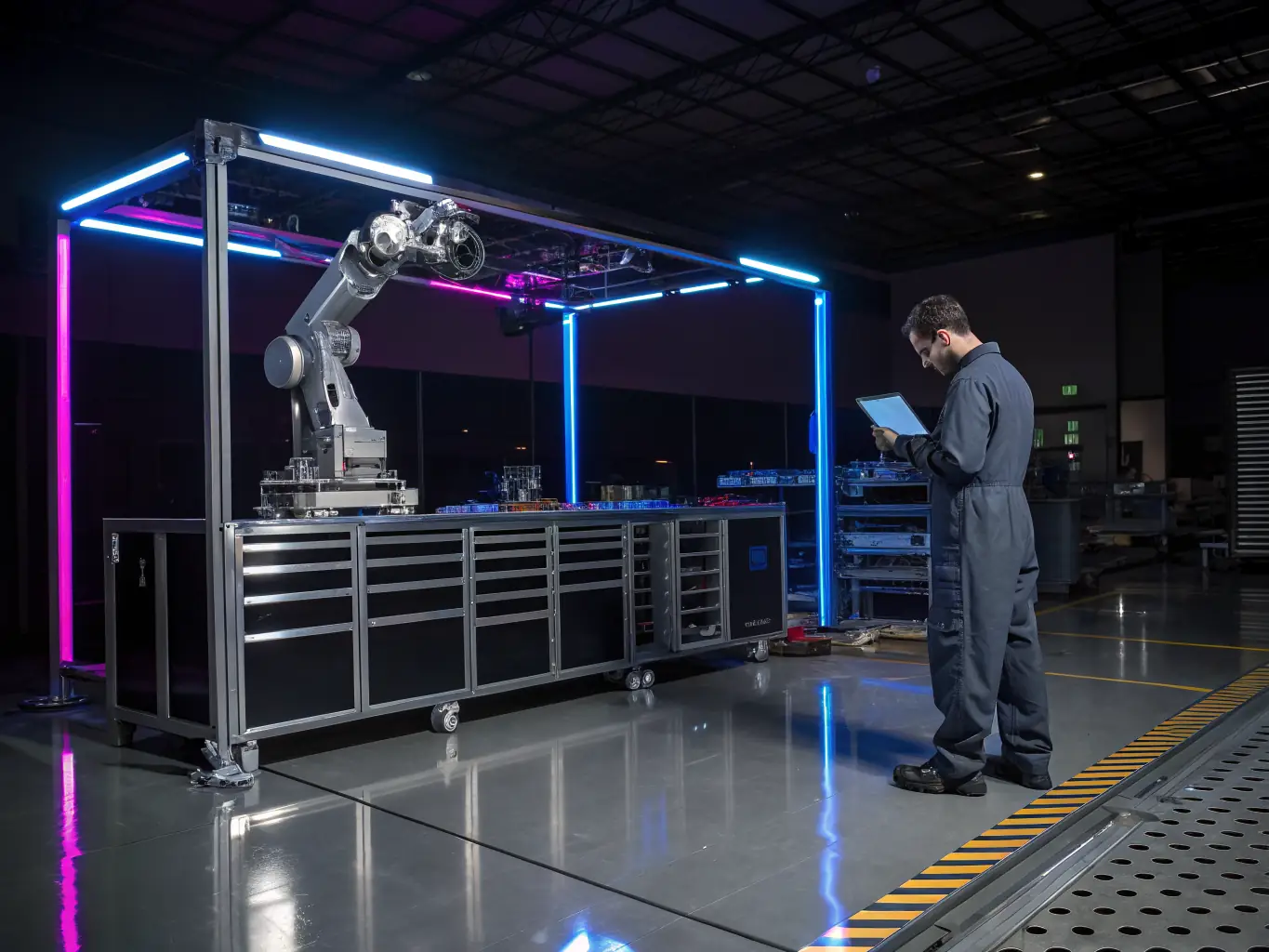 A technician performing routine maintenance on a quadruped robot in an industrial setting. The robot is being inspected for wear and tear, and the technician is using a diagnostic tool to check its performance.