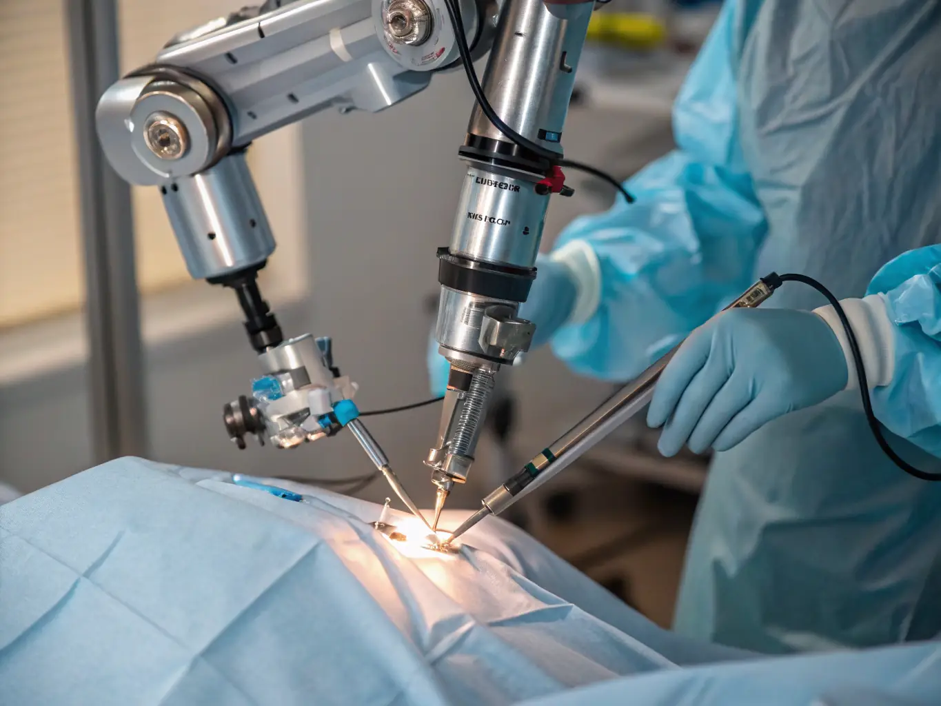 A humanoid robot assisting a surgeon in an operating room, providing precise movements and support during a complex procedure, highlighting robotics in healthcare.