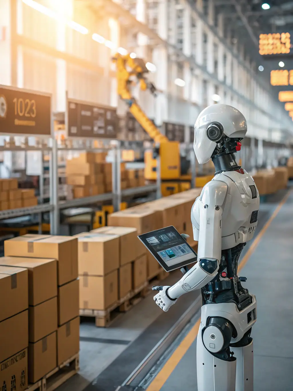 A Unified Robots' humanoid robot working in a warehouse, picking and packing items efficiently, showcasing its use in logistics.