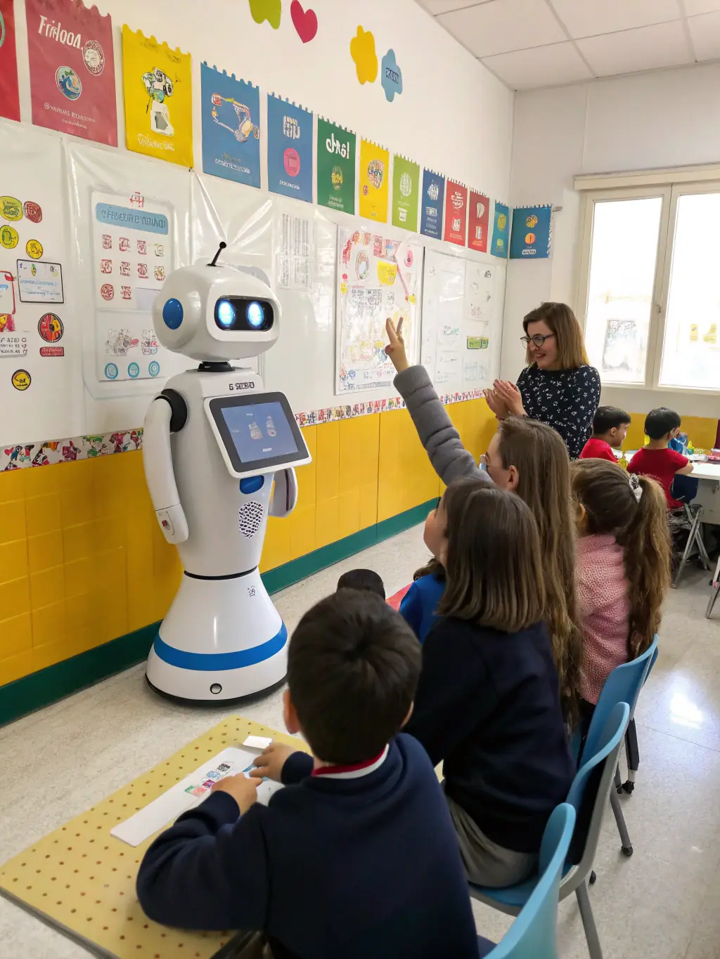 A group of trainees in a classroom setting, learning to program a humanoid robot using laptops and interactive software.