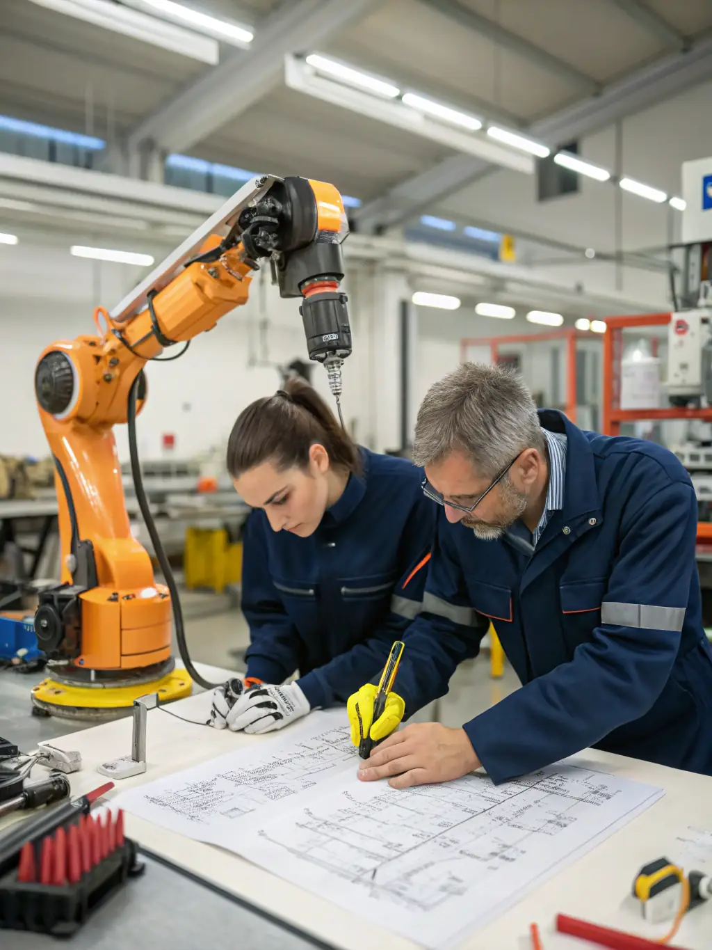 A technician showing a trainee how to perform maintenance on a humanoid robot's joints and sensors.