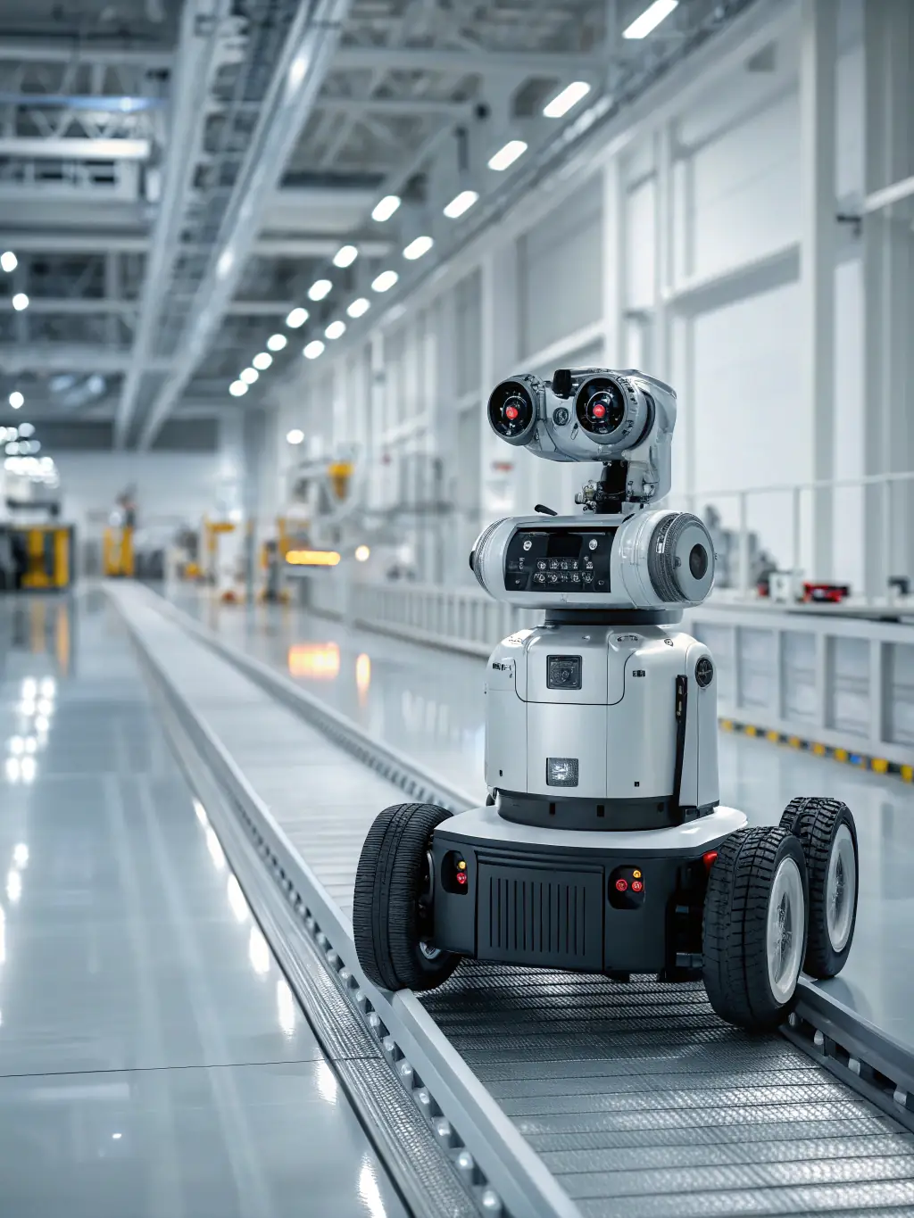 A quadruped robot inspecting a pipeline in a remote industrial setting, ensuring safety and preventing leaks.