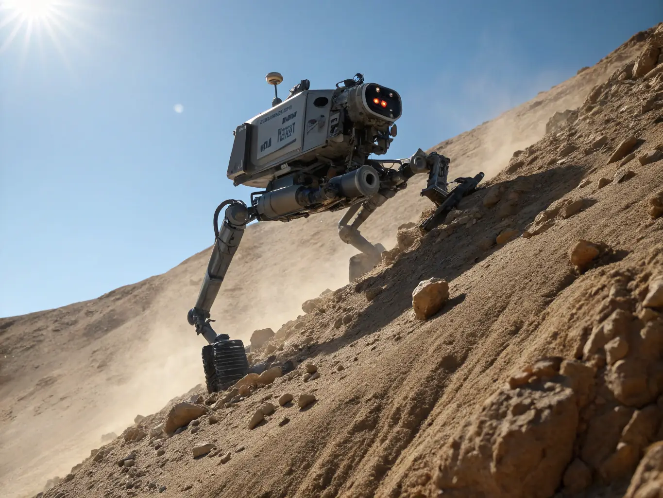 A quadruped robot navigating a rocky terrain, demonstrating its stability and adaptability.
