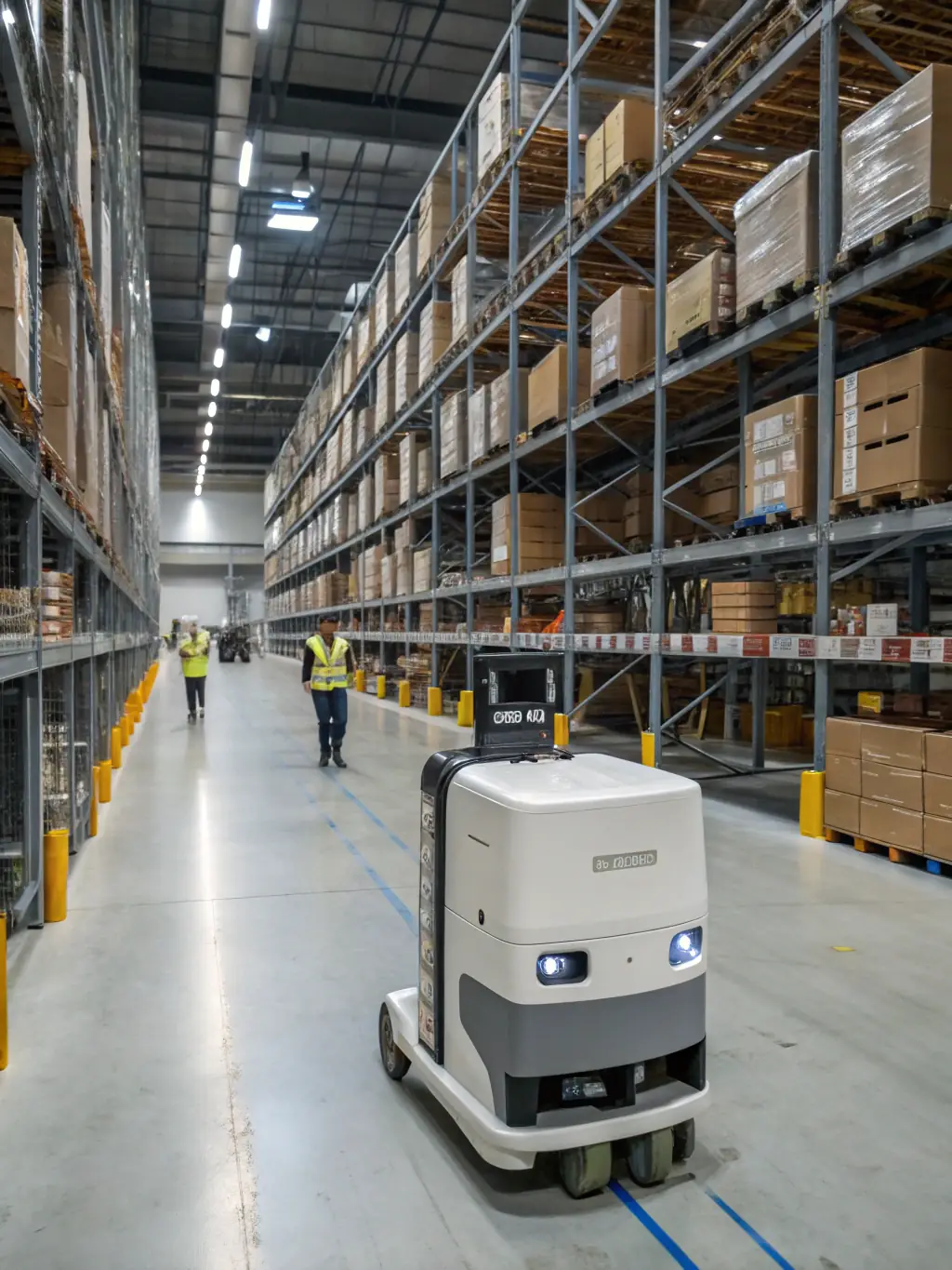 A humanoid robot assisting a worker in a warehouse, lifting boxes and optimizing the workflow.
