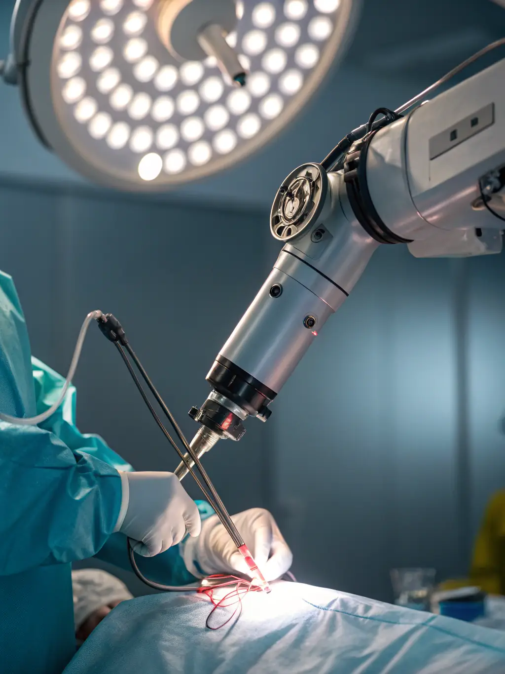 A robotic arm performing precise surgical procedures in a hospital operating room, improving patient outcomes.