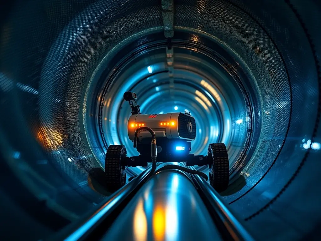 A quadruped robot inspecting a pipeline in a remote oil field, using sensors to detect leaks and corrosion, demonstrating robotics in the energy sector.