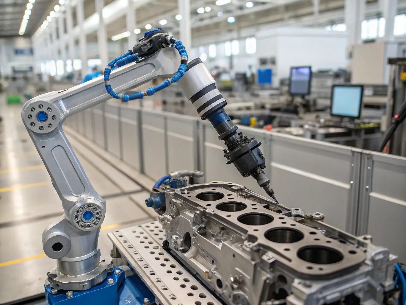 A humanoid robot working on a car assembly line, precisely fitting parts with robotic arms, showcasing automation in the automotive industry.